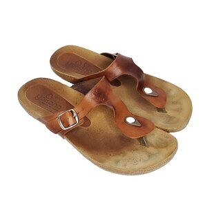 Yokono Leather Thong Sandals 7.5 Brown Buckle Cork Footbed Comfort